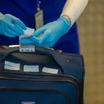 Hands measuring a suitcase with a tape measure